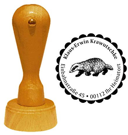 Stempel Adressstempel « DACHS 02 » Durchmesser ca. Ø 40 mm - mit persönlicher Adresse, Motiv und Zierrand - Tier Tiere Marder