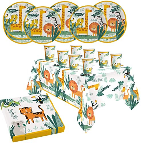 Libetui Set 33 Teile Geschirrset Dschungel Kindergeburtstag Wildtiere Geschirrset Happy Birthday Tischdeko Becher Teller Dschungel Partygeschirr für bis zu 8 Kinder