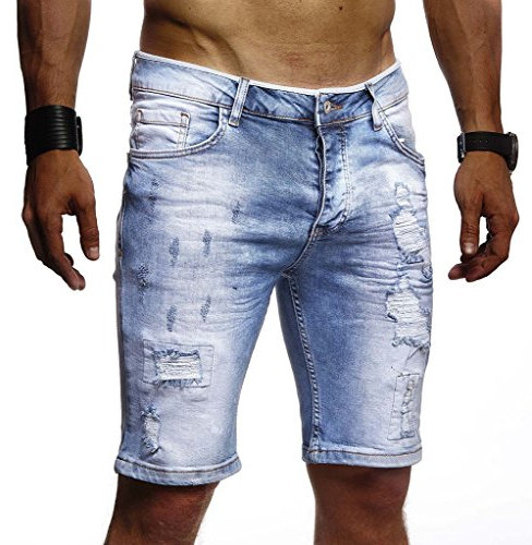 Leif Nelson Herren Männer Jungen Sommer Kurze Biker Jogger Jeans Hose Shorts Jeanshose Chinos Cargo Bermuda Basic 5-Pocket Destroyed Used Stretch Freizeithose Denim Slim Fit LN1977; W38; Hell Blau