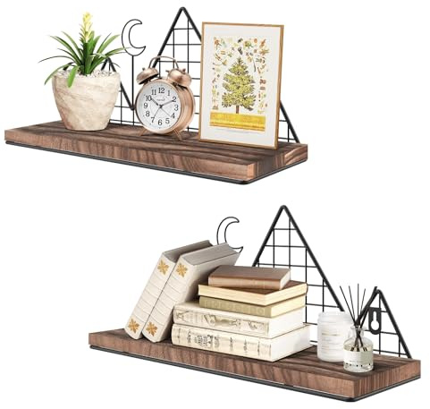 Homode Schwebende Regale zur Wandmontage, Set mit 2 rustikalen Holzregalen für Kinderzimmer, Schlafzimmer, Badezimmer, Küche, Büro, Berg-Metalldraht-Design