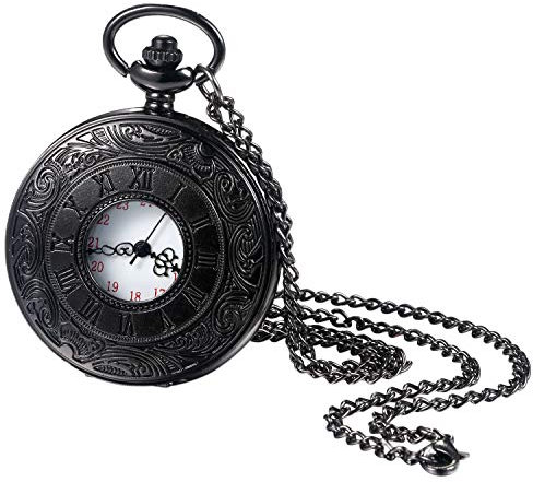 JewelryWe Taschenuhr Herren Retro geschnitzt Blumenmuster Römische Ziffern Analog Quarz Uhr mit Halskette Kette Pocket Watch Geschenk Schwarz
