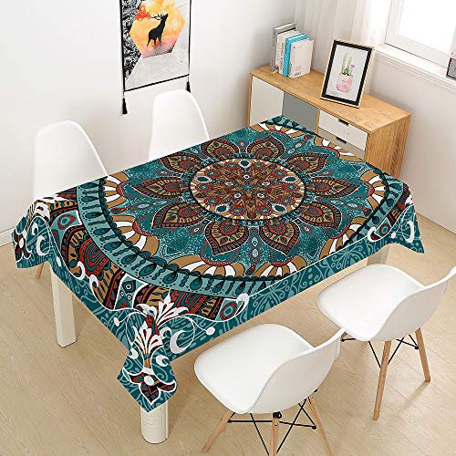 Morbuy Mandala Tischdecke Abwaschbar, Drucken Tischtuch Rechteckig Tischwäsche Gartentischdecke Outdoor Tischdekoration Wasserdicht Polyester Ölfest Pflegeleicht (140x200cm,Türkis)