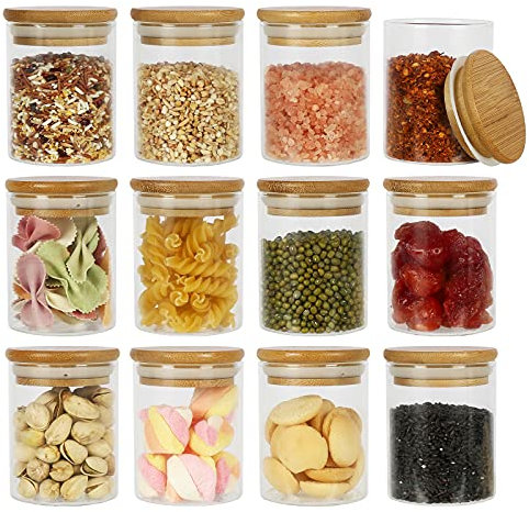 Yishik 12 Pack 200ml Glass Jars with Bamboo Lid,Kitchen Food Storage Canister for Spices,Foods,Candy,Tea, Nuts and Snacks(40 Labels as gift)