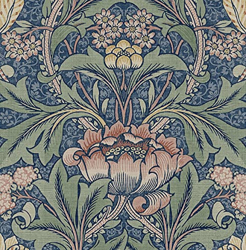 NextWall Morris Flower Botanical Peel and Stick Wallpaper (Denim Blue & Salmon)