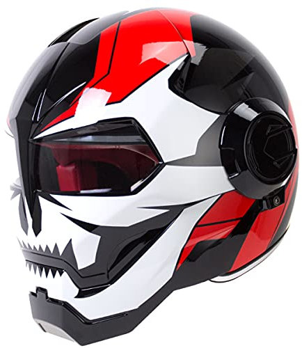 BANNESE Motorradhelm Full Face Predator Helm Motorrad, Persönlichkeit Cool Flip Open Helmmaske Für Motorrad-, Roller- Oder Clubpartys Und Cosplay Prop, DOT-Zertifiziert,Bright White,L