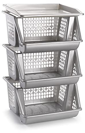 Acan Tradineur - Pack 3 cestas apilables Multiusos 58 x 38 x 29 cm,Carro verdulero 3 niveles apilables multicolores para elegir color que le gusta (Gris Plata) (PLUS)