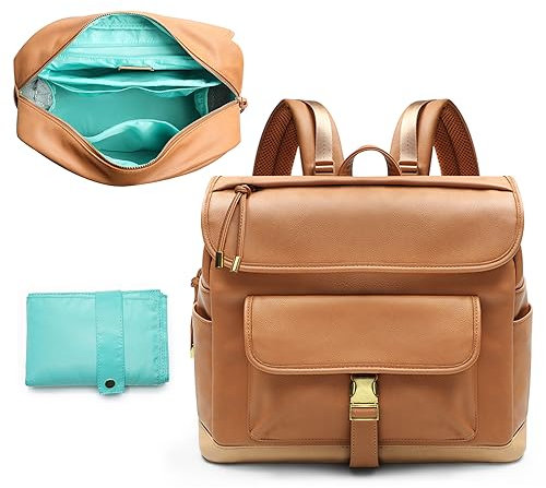 MOMINSIDE Wickeltaschen-Rucksack, 12 Taschen, Leder, Mini-Wickeltasche, Babytasche, Rucksack, Babylistensuche, 4 isolierte Taschen, Wickelunterlage, Kinderwagengurte (braun)