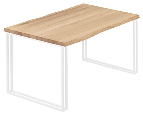 LAMO Manufaktur Esstisch Küchentisch Schreibtisch Couchtisch aus Massivholz, mit Baumkante 140x80x76 cm (AxBxH), Frame, Natur/Weiss, LAB-01-A-002-9016Fr
