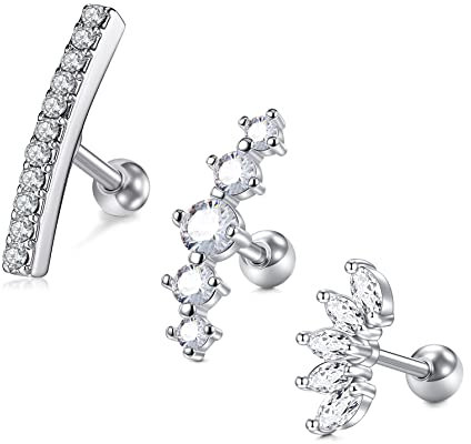 LAURITAMI 3stk 16G Chirurgenstahl Knorpel Ohr Piercing für Frauen CZ Diamant 6mm Stab Tragus Stecker Cartilage Helix Conch Ohrringe