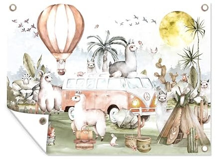 MuchoWow Outdoor-Poster Poster Wanddeko draußen Deko Garten Gartenposter 120x90 cm Alpaka - Tiere - Kinder - Heißluftballon - Kinder