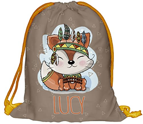 Kinder Turnbeutel mit Namen Beutel Fullprint Tasche Gymsac Jutebeutel Print Bag Fitness Fuchs Boho Fox [010]