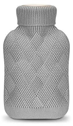 unibelin Bouillotte, 2L Bouteille d'eau Chaude avec Housse tricotée Amovible Bouillotte en Caoutchouc Naturel Amovible et Lavable Ultra doux Bouillotte Eau Chaude Fournir Chaleur et de Confort, Gris