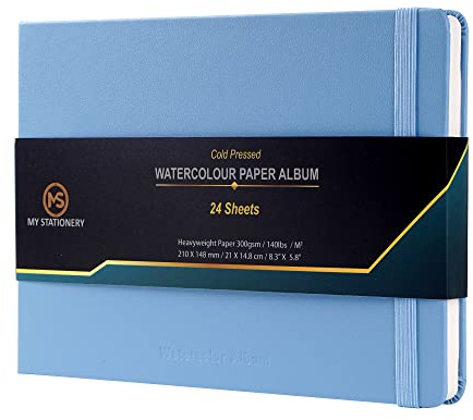 A5 Watercolour Pad Cold Pressed Sketch Book Leatherette Cover Hardcover Glued Binding Paper Album 140lb (300gsm) 100% Cotton Ivory Colour Paper Sketchbook Journal 24 Sheets - Sky Blue Cover