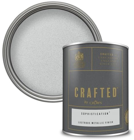 Crown CRAFTED Sophistication Metallic Emulsion Paint for Walls & Wood 1.25L | Silver lustrous metallic wall paint & wood paint. Stunning shimmering finish - ideal for feature walls, stripes & stencils
