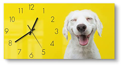 DEQORI Glasuhr | vertikal 60x30 cm | Motiv Lachender Hund | große XXL Design Uhr aus Glas | leise Wanduhr für Wohnzimmer & Küche | Moderne Hingucker Uhr für die Wand