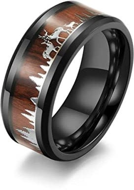 YAHOYA Mode 8mm Männer Schwarz Wolfram Wild Leben Jagd Ring Koa Holz Inlay Hirsch Familie Silhouette Stahl Ring Männer Ehering