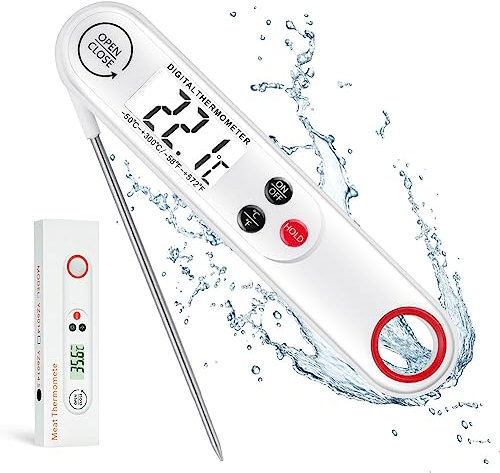 flintronic Meat Thermometer, Instant Read Cooking Thermometer, Cooking Thermometer with Foldable Long Probe and Backlight Screen, Perfect for Kitchen Cooking, BBQ, Water,Meat, Milk (White)