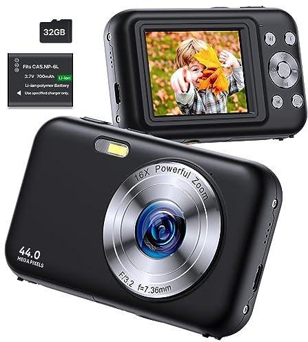 Cámara de Fotos, 1080P 44MP Cámara Fotos Infantil con Tarjeta 32GB, Cámara Digital Recargable 16X Zoom Digital, 2.4 LCD Cámara Compacta para Niños Principiantes (Negro)