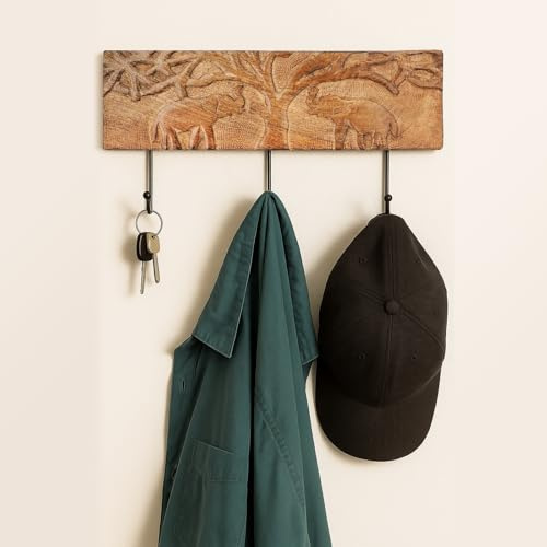 Ajuny Wandgarderobe Mit 3 Haken–Aus Holz Kleiderhakenleiste Mit Zwei Elefanten Motiv, Garderobe Für Flur & Diele, Für Jacken, Mäntel, Handtücher, Bademäntel, Wandhaken, Wanddeko Geschenk 37,5 X 21 cm