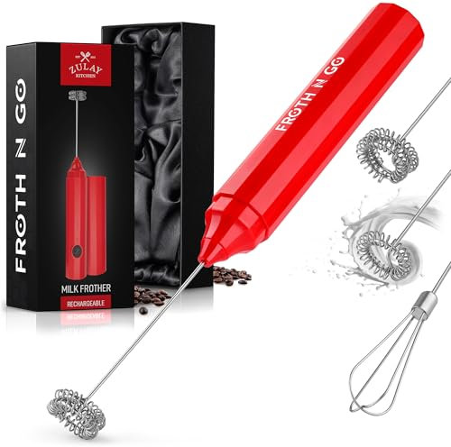Zulay Froth N Go Mousseur à lait rechargeable – Baguette à mousser 3 en 1 avec étui et chargeur USB-C – Livré avec 3 accessoires pour latte, cappuccino, matcha et boissons protéinées – Rouge