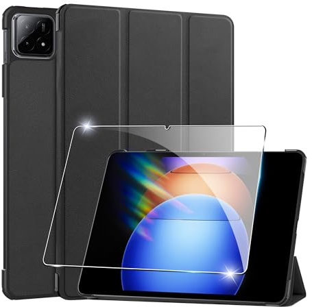 Heioloo Hülle für Xiaomi Pad 6s Pro 12.4 2024 Schutzhülle mit Auto Schlaf/Wach, mit [1 Stück] Panzerfolie Schutzfolie, [PU Leder] [Schutzhülle Ultradünne][Standfunktion] [Anti-Kratzen] Schwarz
