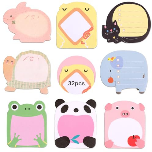 32 Pezzi Blocchetti Memo Adesivi, 640 640 Fogli Blocchetti Memo Adesivi, Mini Note Adesive, Animali Sticky Notes Adesive per Ufficio, Scuola, Regali per Studenti Bambini