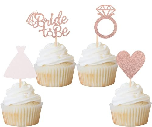 Xsstarmi 24 Packung Braut zu sein Cupcake Toppers Glitzer Bride to Be Cupcake Picks Diamant Ring Hochzeitskleid Kuchendekoration Hochzeit Verlobung Brautparty Partyzubehör Roségold