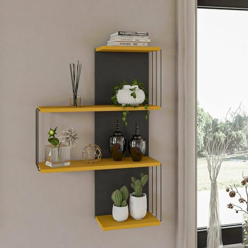 Dmora - Regal Hadar, Gestell, Wandregal, Mehrzweckregale, 64x19h96 cm, Anthrazit und Gelb