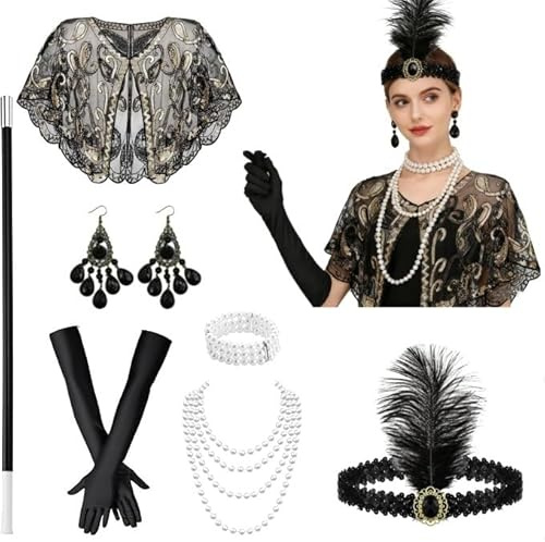 20er Jahre Accessoires, Great Gatsby Accessoires, 20er Jahre Kostüm Damen | 7PCS Mafia Kostüm Damen mit Handschuhen Haarband Halskette Ohrringe Armband Schal Halloween-Party Mottoparty