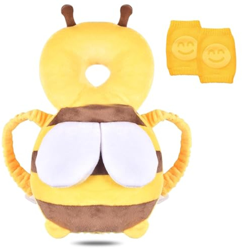 Protector de Cabeza para Bebe, Cojín Protector Seguridad Bebe con Rodilleras, Ajustable Almohada Protección Bebe, Protección para Cabeza y Espalda del Niños para Gatear y Caminar-Abeja