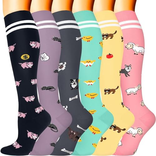 FuelMeFoot 6 Paar Kompressionsstrümpfe für Damen und Herren, Bunte Kompressionssocken Stützstrümpfe für Laufen, Sport, Flug, Reise, Radfahren.10-multi-6 Paar S/M