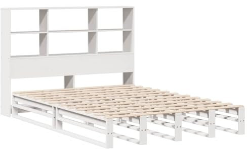 vidaXL Massivholzbett, Bett mit Bücherregal ohne Matratze, Holzbett Bettgestell mit Lattenrost, Palettenbett Doppelbett für Schlafzimmer, Weiß 140x200cm