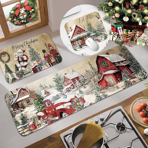 Christmas Kitchen Mat, Kitchen Rugs Non Slip Washable Christmas Mats for Front Door Floor Vintage Winter Red Farmhouse Nutcracker Merry Christmas Decorations Home Rug