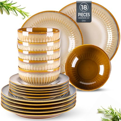 LeRatio Dinner Sets for 6 People, 18 Pieces Handcrafted Embossed Stoneware Plates and Bowls Set, Scratch Resistant Reactive Glaze Dinnerware Set, Dishwasher, Microwave Safe Crockery Set, Cappuccino