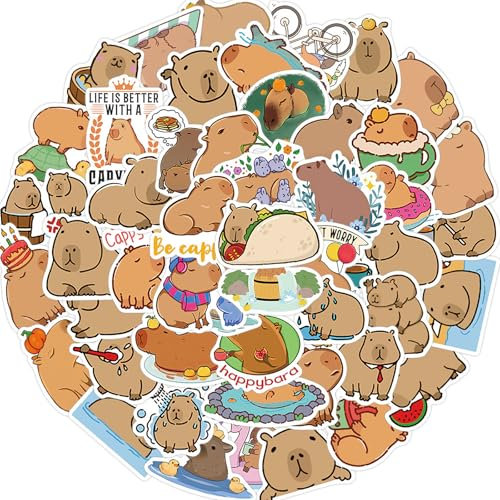 Capybara Sticker 50 Stück,Kawaii Capybara Aufkleber Kinder wasserdichte Vinyl Aufkleber,Graffiti Aufkleber Decals für DIY Water Bottles Laptop Skateboard Fahrrad Motorrad Koffer Helm Scrapbooking