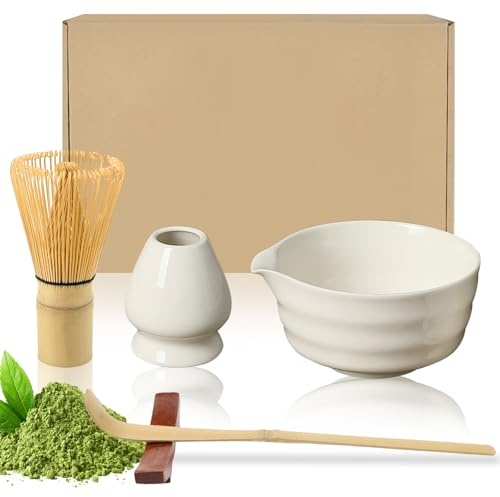 Raxfekro 5-Teiliges Matcha Set, Matcha Besen, Matcha-Schneebesen, Matcha Löffel, Matcha Schüssel mit Auslauf, Matcha Whisk, Keramik Matcha Tea Set (weiß)