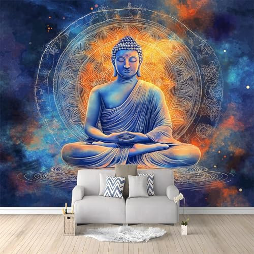 Tapete wandbild Meditation, geometrische Buddha-Rune muster Fototapete 200 x 140 cm (B x H) Vlies-Tapeten Blau Wandtapete - Geeignet als Gästedekoration im Wohnzimmer, Schlafzimmer und in der Küche