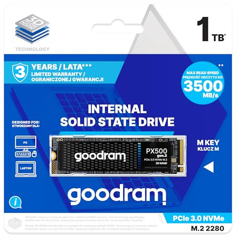 goodram - SSD Platte - PX500 gen. 3 M.2 - Interne Festplatte - Hochgeschwindigkeits-PCIe-Gen. 3 x4-Schnittstelle - Kompaktes Format 2280 - für Konsolen, Laptops - 1 TB