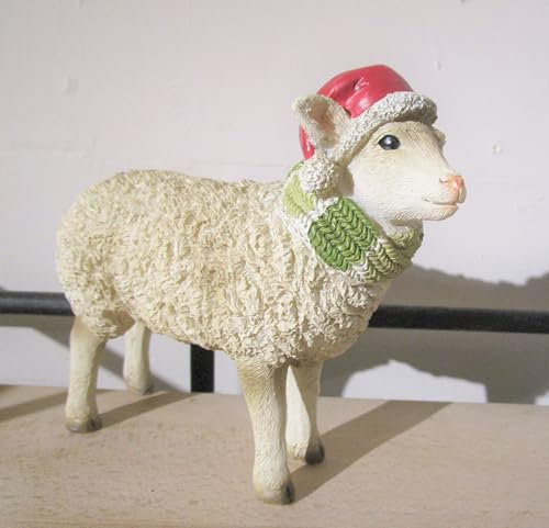 Generisch Winterschaf Schaf mit Mütze aus Polyresin Dekoration Weihnachten Weihnachtsdeko Figur Tier 15,5 cm hoch
