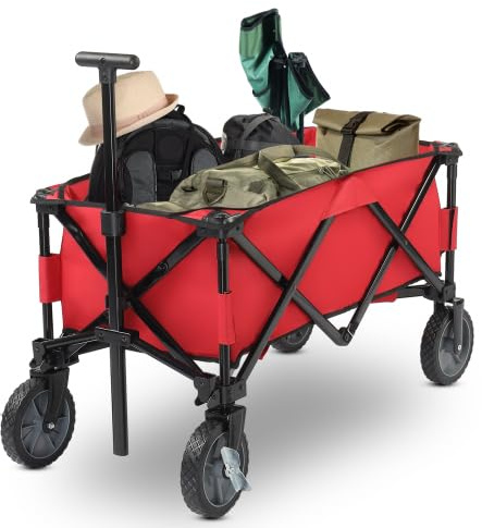 Bonnlo Bollerwagen faltbar, robuster Gatenwagen mit verstellbarem Griff, tragbarer Transportwagen für Garten Camping Einkaufen, 89 × 48 × 96,5 cm, Rot