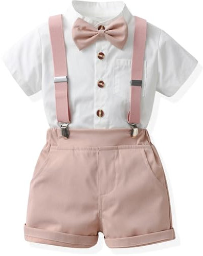 Yaopelky Tenue formelle pour enfant - Chemise à manches courtes - Nœud papillon - Short à bretelles - Costume de mariage pour garçon, rose, 3-4 Years