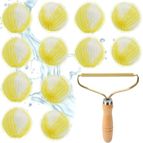 Fusselbälle Waschmaschine, 12 Stück Fusselbälle 35mm Mit Holzgriff-Flusenentferner, Wiederverwendbar Fusselball Für Waschmaschine, Anti Fussel Bälle Entfernt Fusseln Tierhaare