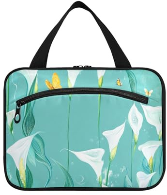 Chic Calla Lilie Kulturbeutel mit Haken, erweiterbare Designer-Tasche mit Fächern, türkis, Blumenmuster, Größe L
