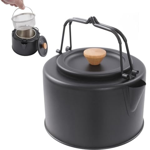 Wasserkessel Edelstahl, 1L Camping Wasserkocher mit Deckel und Teefilter, Reisewasserkocher Klein für den Herd, Teekessel Camping für Outdoor Picknick Wandern (Schwarz)