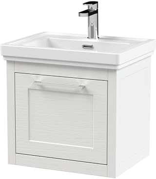Balterley Vanity Unit with Basin Wall Hung, Single Drawer Soft Close with 1 Tap Hole Rectangular Sink and Handle, Bathroom Vanity Units, Traditional Sink Cabinet - 531 x 406 x 515mm (White)