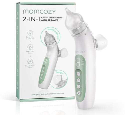 Momcozy BreezyClear™ 2-in-1 Electric Nasal Aspirator for Baby with Spray, 65kPa Hospital-Grade Suction, 4 Adjustable Levels, Quiet & Portable Nose Cleaner with Soothing Light & Music