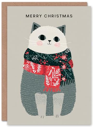 Artery8 Christmas Card Cute Grey Ragdoll Cat With Festive Season Scarfs
