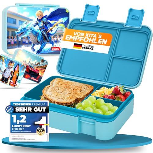 LUCKY KIDZ Brotdose Kinder mit Fächern, Drache Blau, 1 L, auslaufsicher | Lunchbox mit 3 Fächern, 19,7 x 15 x 5,1 cm, 355 g, BPA-frei, spülmaschinengeeignet, Schule und Kindergarten, ab 3 Jahren