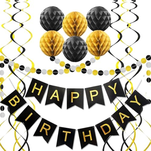 Geburtstagsdeko Schwarz Gold, HAPPY BIRTHDAY Girlande Schwarze Goldene Papier Pompoms Hängende Spiralen Wiederverwendbar DIY Partyzubehör für 30,, 40, 50, 60, 70 Runder Geburtstag Feier Dekoration