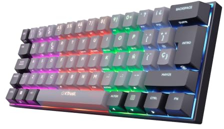 GXTrust Revyn Teclado Mecánico Inalámbrico 60% Español QWERTY | Triple Modo Bluetooth/2.4GHz/USB, Iluminación RGB, 50 Horas de Juego, Teclado Gaming Windows Mac PC Portátil, Gris/Negro